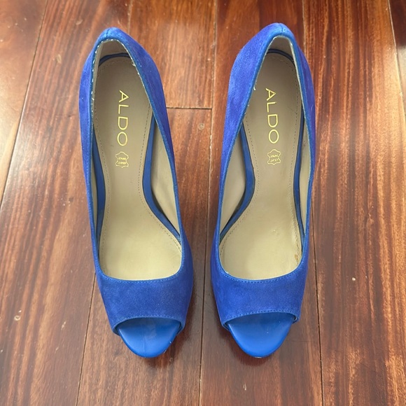 ALDO Cobalt Blue Suede Peep Toe Platform Pumps Size 8.5 (EU 39) Ruddell - Picture 2 of 16